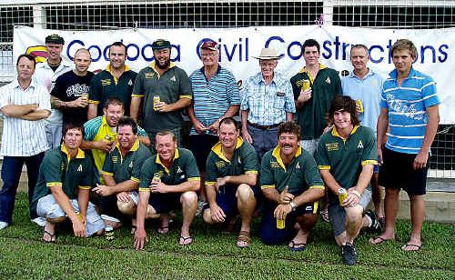 Cooloola Civil Constructions’ Brendan Paterson (left) and Gympie Cricket Association president Bob Blackburn (fifth from right) with the victorious Wests (back, from left) Brett Hall, Leon Smith, Luke Canning, Wayne Sleeman, Club President Jim Geiger, Callum Glasgow, Scott McIntosh, Brendon Mahaffey, (front) Brandon Sauer, Brett Long, Owen Raines, Scott Reedman, Neil McKean, Gavin Durie and Luke Gear. Cooloola Civil Constructions’ Brendan Paterson (left) and Gympie Cricket Association president Bob Blackburn (fifth from right) with the victorious Wests (back, from left) Brett Hall, Leon Smith, Luke Canning, Wayne Sleeman, Club President Jim Geiger, Callum Glasgow, Scott McIntosh, Brendon Mahaffey, (front) Brandon Sauer, Brett Long, Owen Raines, Scott Reedman, Neil McKean, Gavin Durie and Luke Gear.